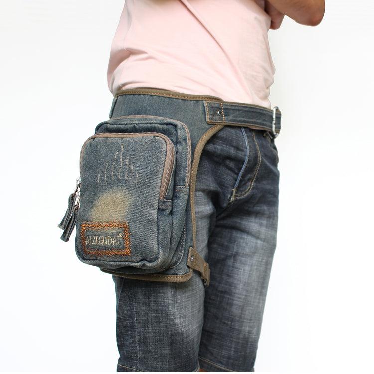 Drop Leg Bag Mens Denim Thigh Bag Fanny Pack for Men Blue Denim Bum Bag Waist Bag