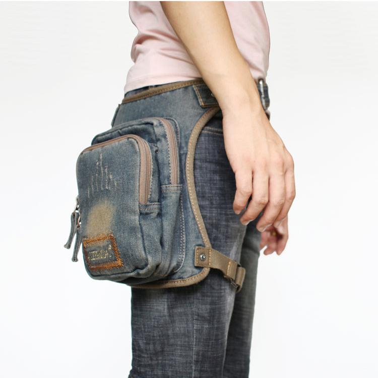 Blue Denim Bag With Leg Strap Waist Bag Drop Leg Bag Mens Denim Thigh Bag Fanny Pack for Men